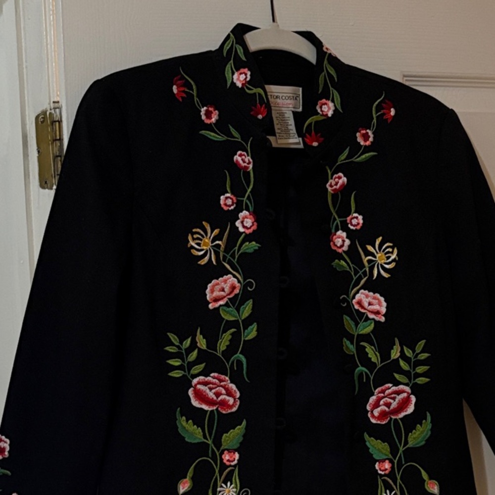 Victor Costa Black Jacket with Floral Embroidery